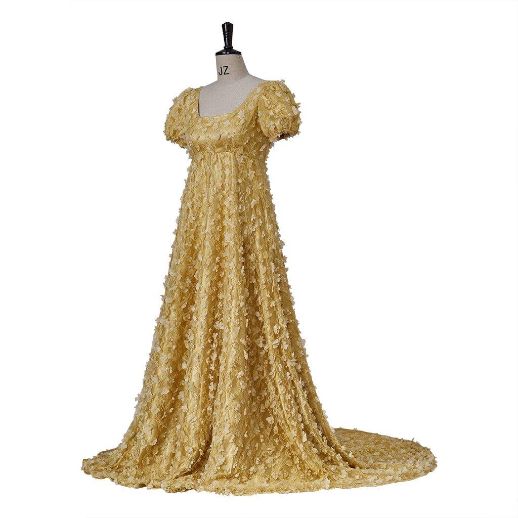 Gold Patterned Silk Empire Gown - Historical Regency Dress for Bridgerton Cosplay, Halloween, Christmas, Tea Parties, and Ballroom Events - Coscosmos