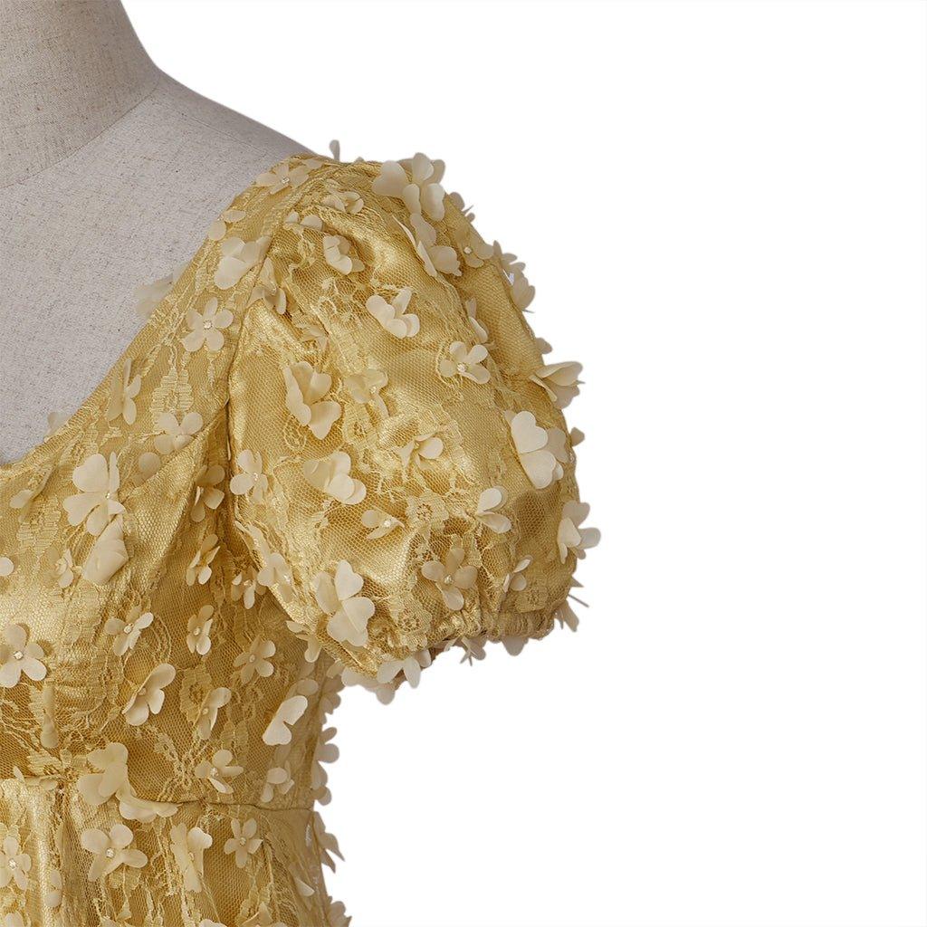 Gold Patterned Silk Empire Gown - Historical Regency Dress for Bridgerton Cosplay, Halloween, Christmas, Tea Parties, and Ballroom Events - Coscosmos