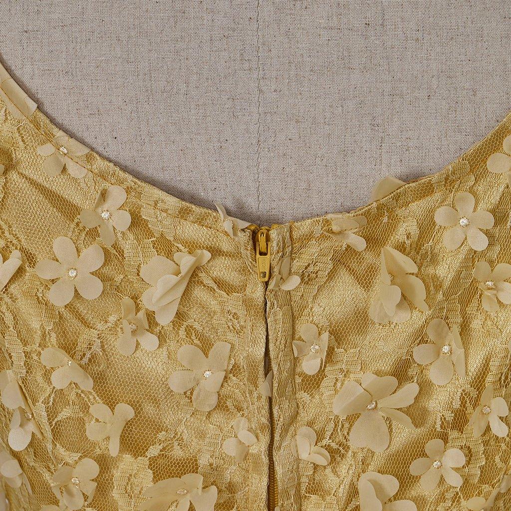 Gold Patterned Silk Empire Gown - Historical Regency Dress for Bridgerton Cosplay, Halloween, Christmas, Tea Parties, and Ballroom Events - Coscosmos