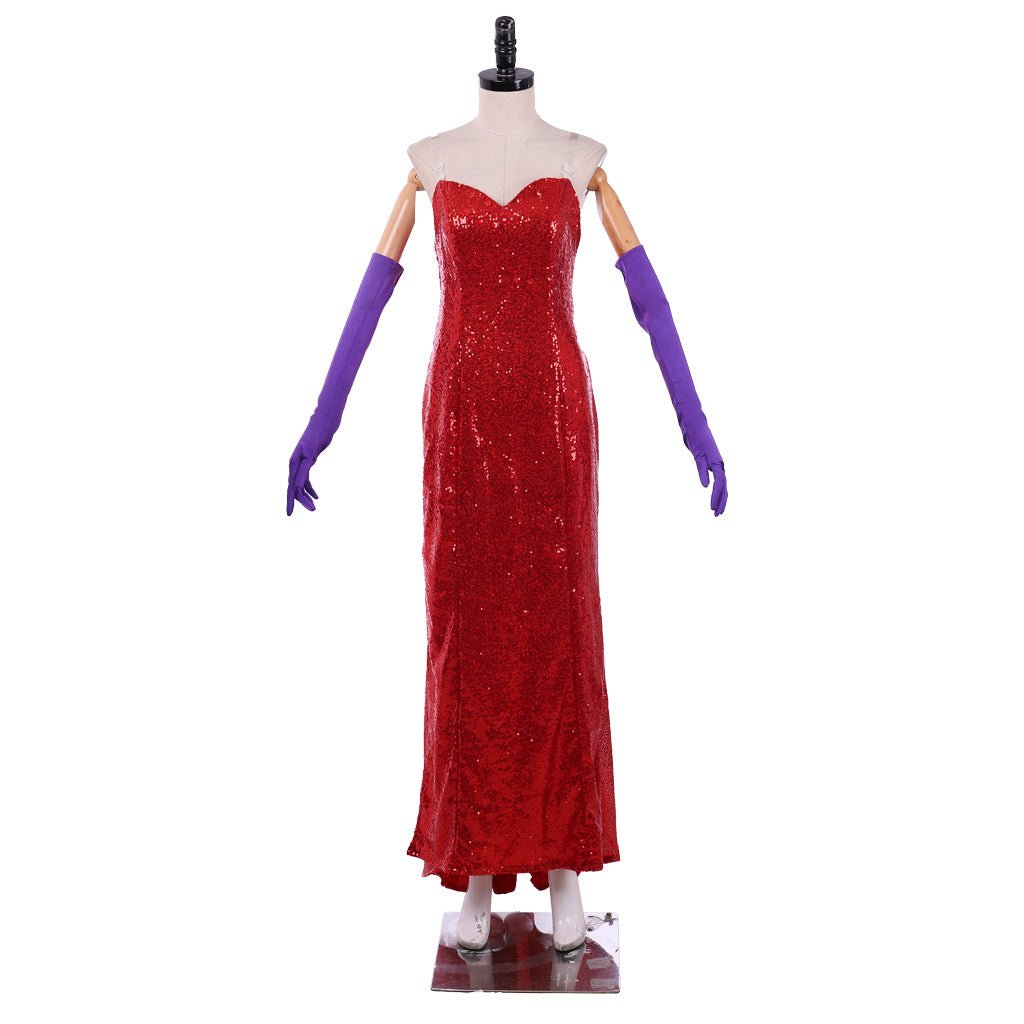 Jessica Rabbit Sexy Red Sequined Cosplay Dress with High Split and Purple Gloves - Coscosmos