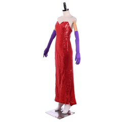 Jessica Rabbit Sexy Red Sequined Cosplay Dress with High Split and Purple Gloves - Coscosmos