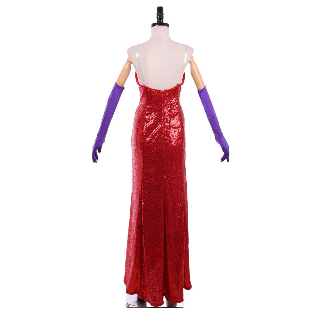 Jessica Rabbit Sexy Red Sequined Cosplay Dress with High Split and Purple Gloves - Coscosmos