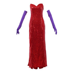 Jessica Rabbit Sexy Red Sequined Cosplay Dress with High Split and Purple Gloves - Coscosmos