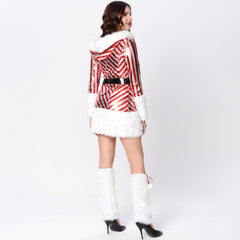 Elegant Long-Sleeved Striped Patent Leather Christmas Outfit with Foot Cover by Halloweez - Halloweez