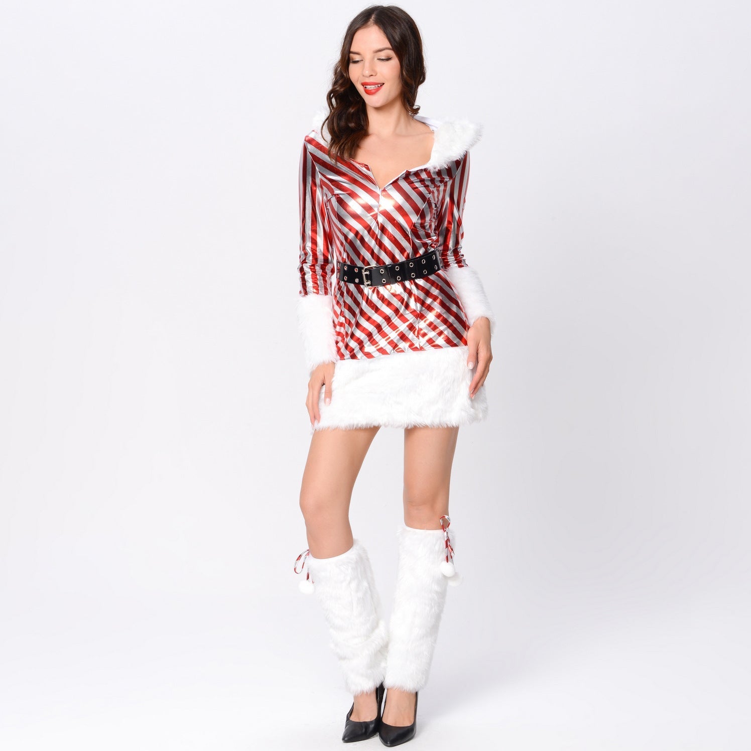 Elegant Long-Sleeved Striped Patent Leather Christmas Outfit with Foot Cover by Halloweez - Halloweez