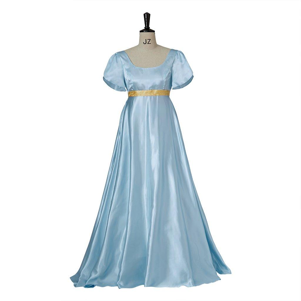 Medieval Regency Gown Bridgerton Cosplay Costume in Light Blue with a Gold Waistband - Coscosmos