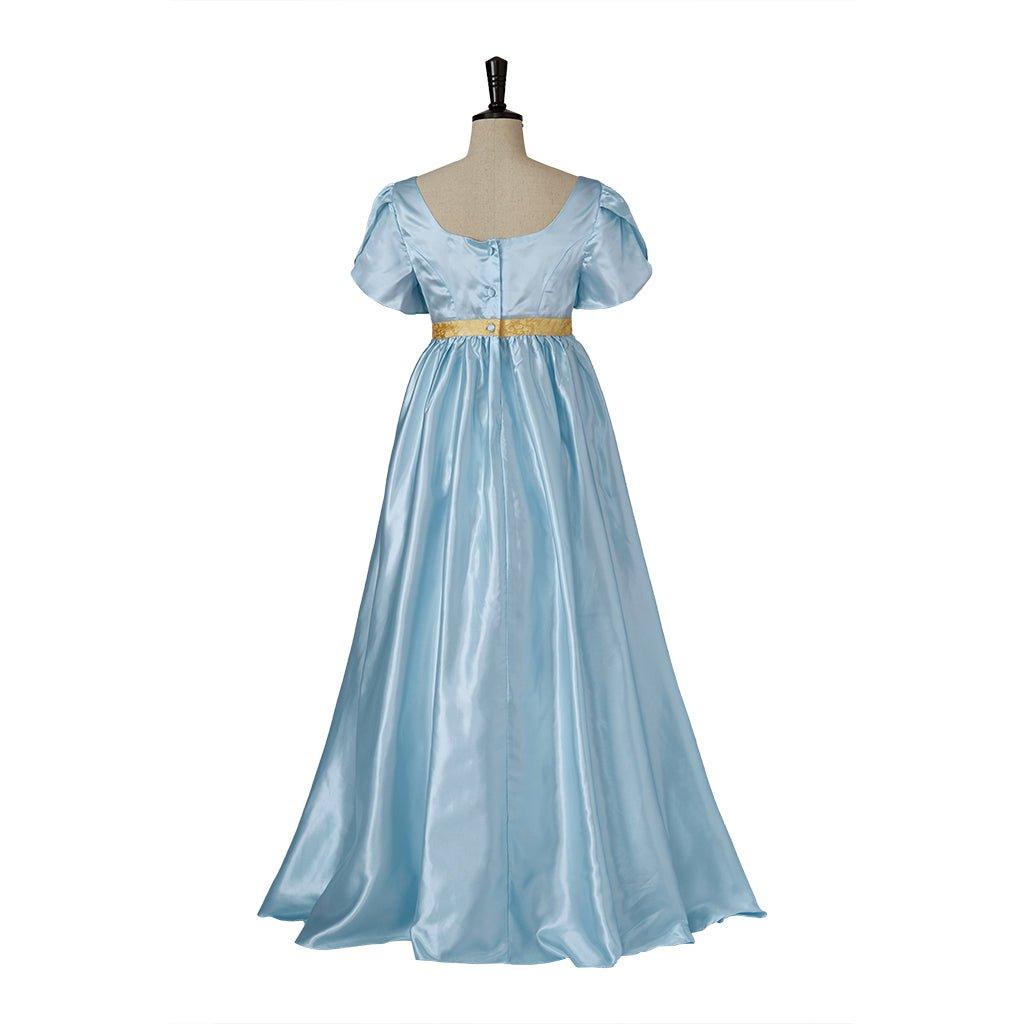 Medieval Regency Gown Bridgerton Cosplay Costume in Light Blue with a Gold Waistband - Coscosmos