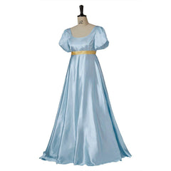 Medieval Regency Gown Bridgerton Cosplay Costume in Light Blue with a Gold Waistband - Coscosmos