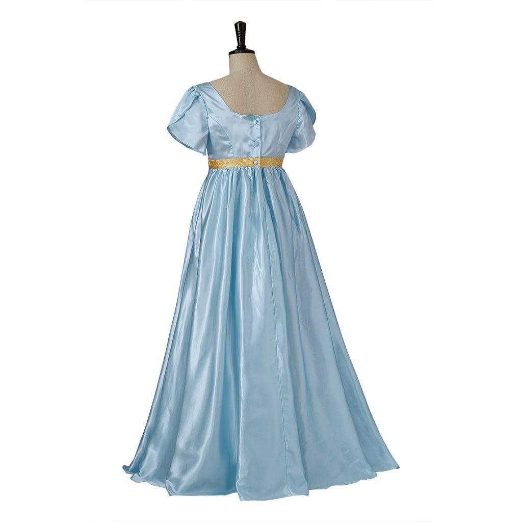 Medieval Regency Gown Bridgerton Cosplay Costume in Light Blue with a Gold Waistband - Coscosmos