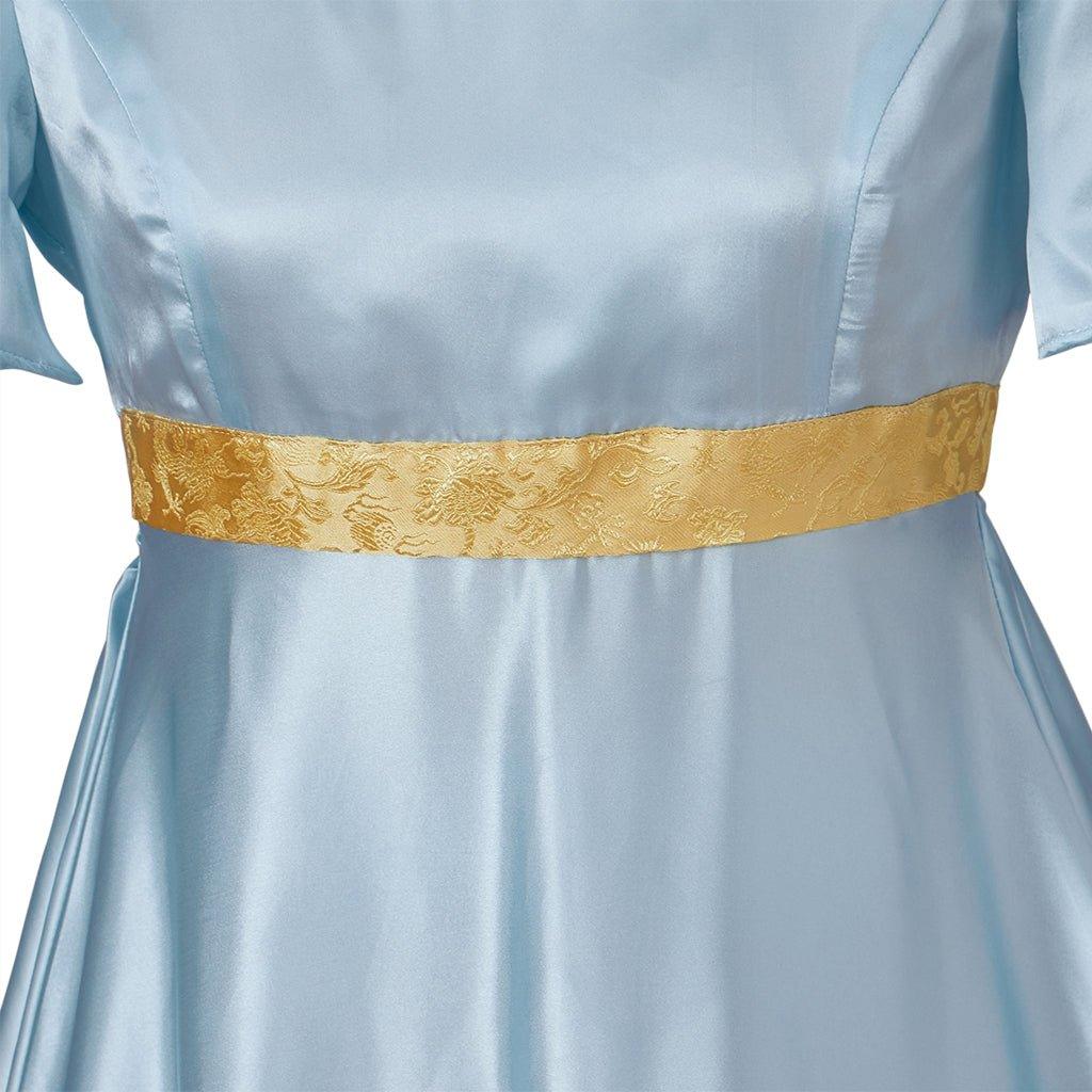 Medieval Regency Gown Bridgerton Cosplay Costume in Light Blue with a Gold Waistband - Coscosmos