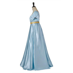 Medieval Regency Gown Bridgerton Cosplay Costume in Light Blue with a Gold Waistband - Coscosmos