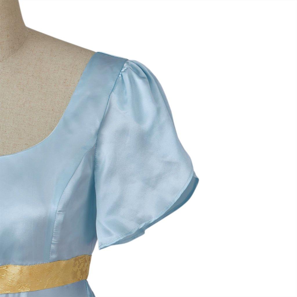 Medieval Regency Gown Bridgerton Cosplay Costume in Light Blue with a Gold Waistband - Coscosmos