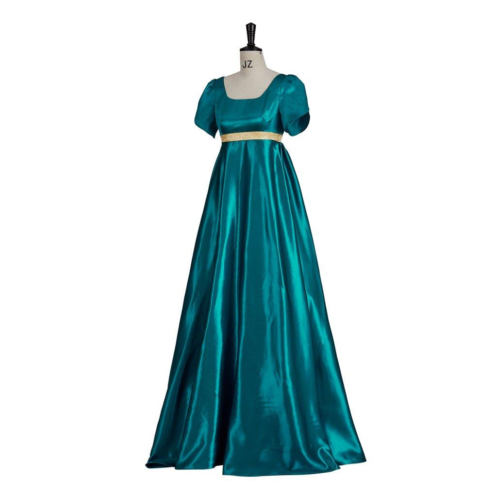 Medieval Traditional Empire Gown - Bridgerton Cosplay Costume in Emerald Green Silky Fabric - Coscosmos