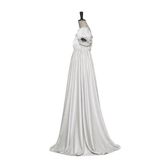 Medieval Traditional Empire Gown - Bridgerton Cosplay Costume in Silver White Silky Fabric - Coscosmos