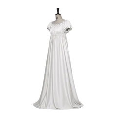 Medieval Traditional Empire Gown - Bridgerton Cosplay Costume in Silver White Silky Fabric - Coscosmos