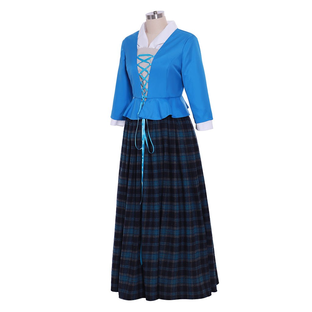 Outlander Claire Cosplay Costume | Scottish Highland Blue Dress with Plaid Pleated Skirt | Coscomos - Coscosmos