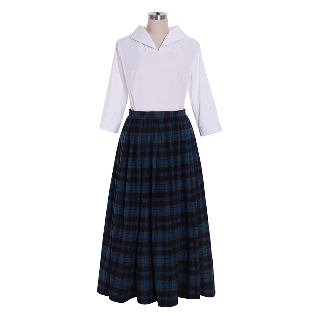 Outlander Claire Cosplay Costume | Scottish Highland Blue Dress with Plaid Pleated Skirt | Coscomos - Coscosmos