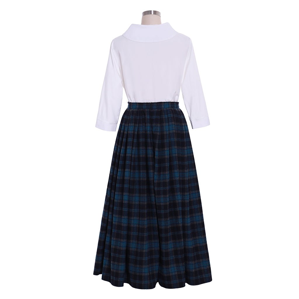 Outlander Claire Cosplay Costume | Scottish Highland Blue Dress with Plaid Pleated Skirt | Coscomos - Coscosmos