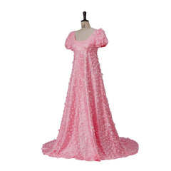 Pink Patterned Silk Satin Empire Gown - Medieval Regency Dress Bridgerton Cosplay Costume for Halloween, Easter, Christmas, Tea Parties & Ballroom Events - Coscosmos