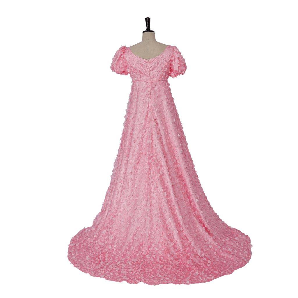 Pink Patterned Silk Satin Empire Gown - Medieval Regency Dress Bridgerton Cosplay Costume for Halloween, Easter, Christmas, Tea Parties & Ballroom Events - Coscosmos