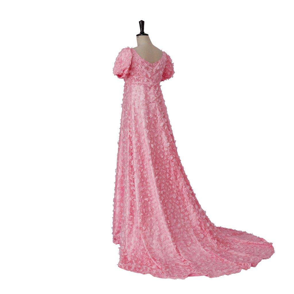 Pink Patterned Silk Satin Empire Gown - Medieval Regency Dress Bridgerton Cosplay Costume for Halloween, Easter, Christmas, Tea Parties & Ballroom Events - Coscosmos