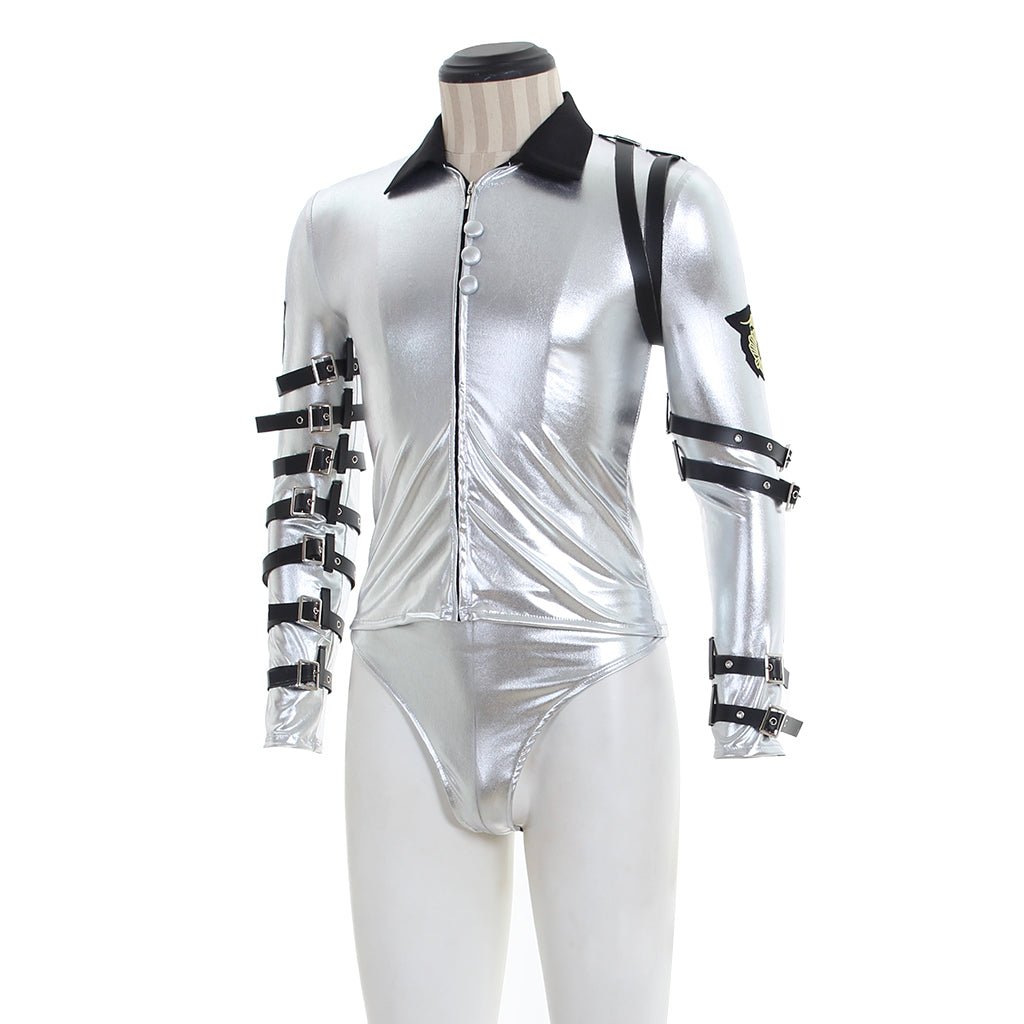 Punk MJ Michael Jackson Classic BAD Tour Silver Shine Bodysuit Jacket Apparel - Coscosmos