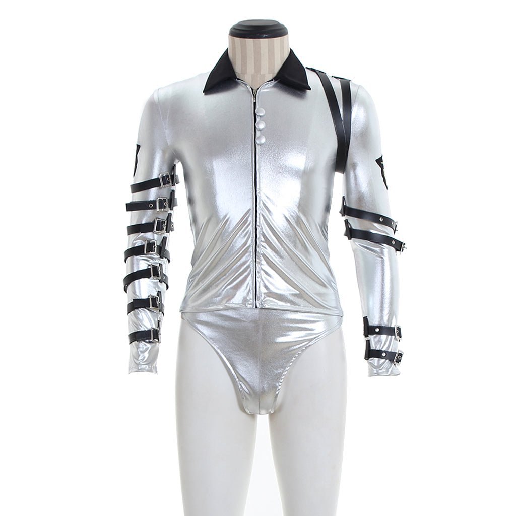 Punk MJ Michael Jackson Classic BAD Tour Silver Shine Bodysuit Jacket Apparel - Coscosmos