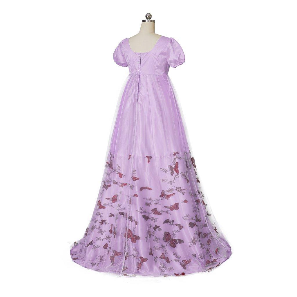 Purple Patterned Double - Layer Silk Empire Gown | Bridgerton Inspired Cosplay Costume - Coscosmos