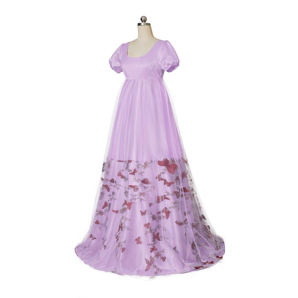 Purple Patterned Double - Layer Silk Empire Gown | Bridgerton Inspired Cosplay Costume - Coscosmos