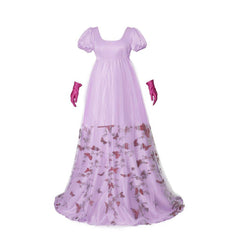 Purple Patterned Double - Layer Silk Empire Gown | Bridgerton Inspired Cosplay Costume - Coscosmos