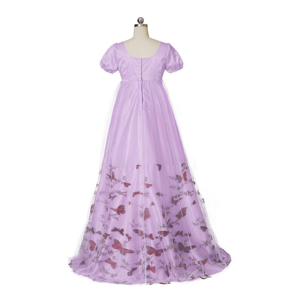 Purple Patterned Double - Layer Silk Empire Gown | Bridgerton Inspired Cosplay Costume - Coscosmos