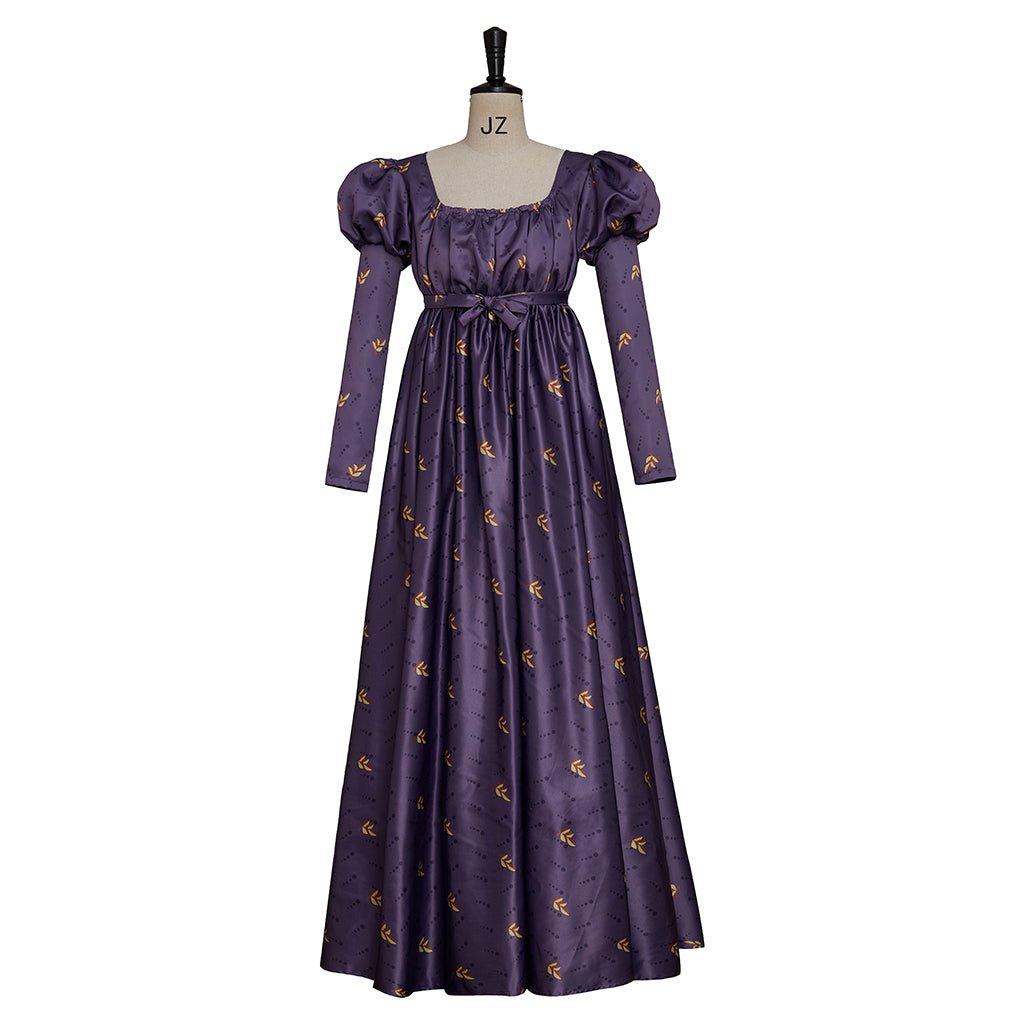 Regency Empire Dress Jane Austen Vintage Dress High Waistline Tea Party Ball Gown Purple Floral Puffy Sleeve Dress - Coscosmos