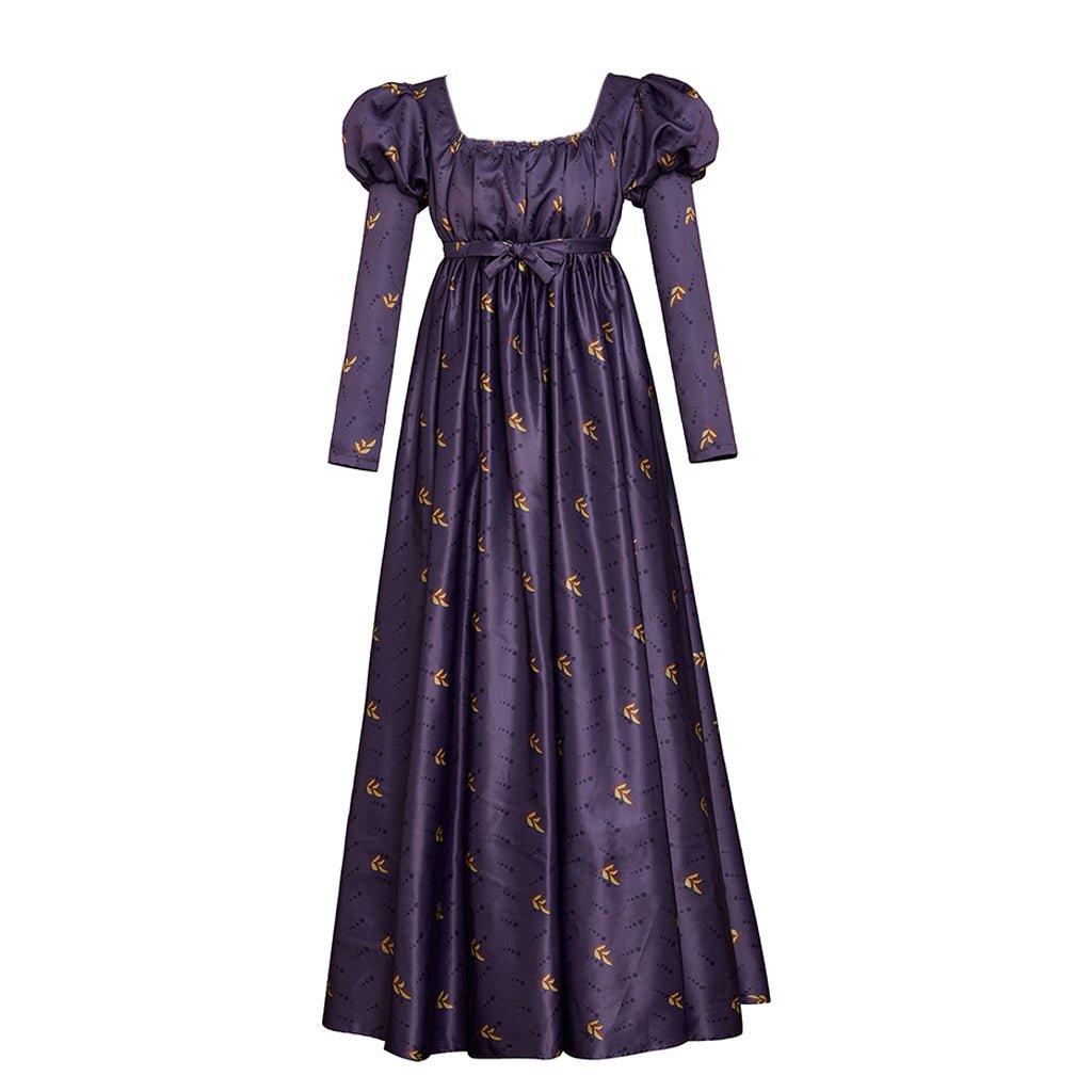 Regency Empire Dress Jane Austen Vintage Dress High Waistline Tea Party Ball Gown Purple Floral Puffy Sleeve Dress - Coscosmos