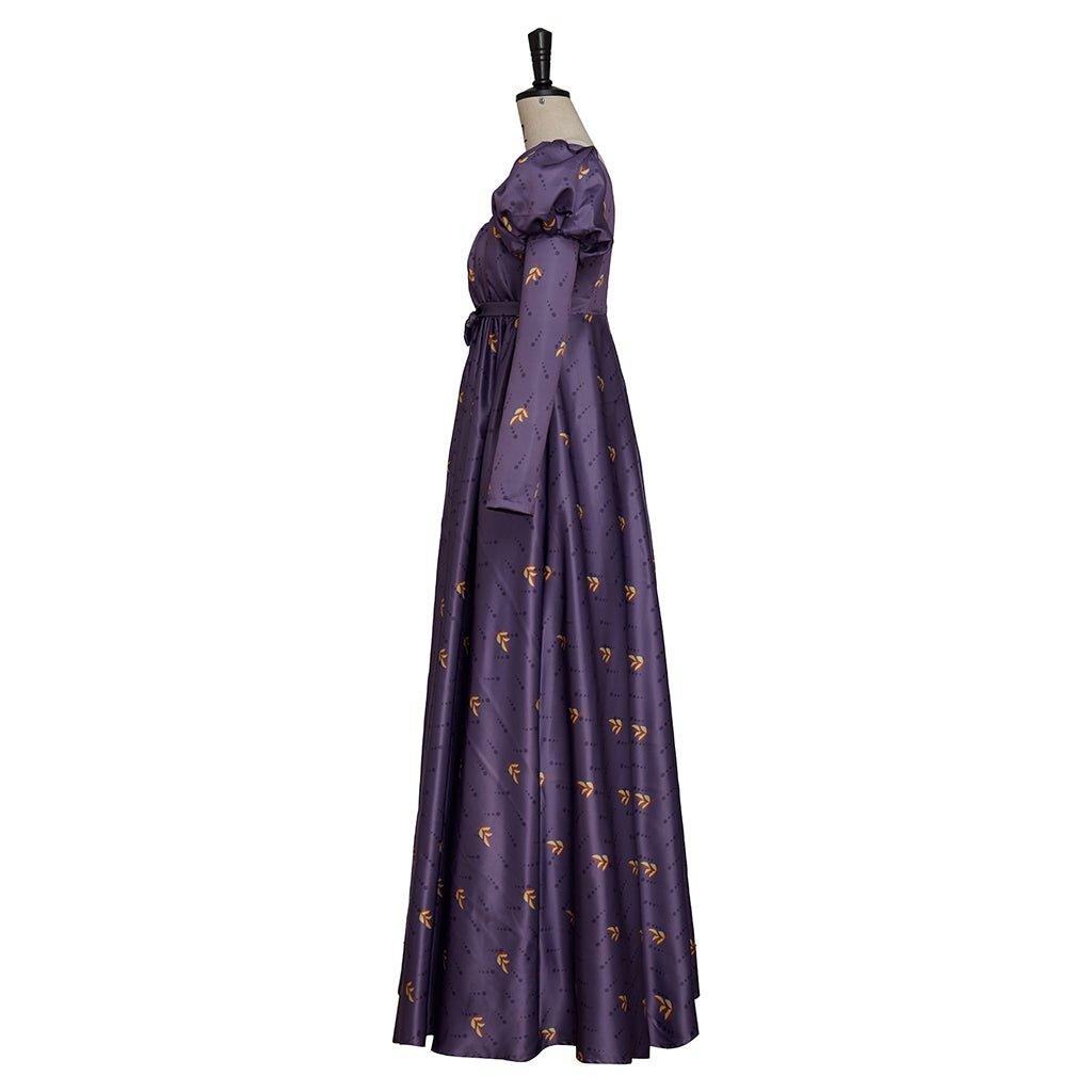 Regency Empire Dress Jane Austen Vintage Dress High Waistline Tea Party Ball Gown Purple Floral Puffy Sleeve Dress - Coscosmos