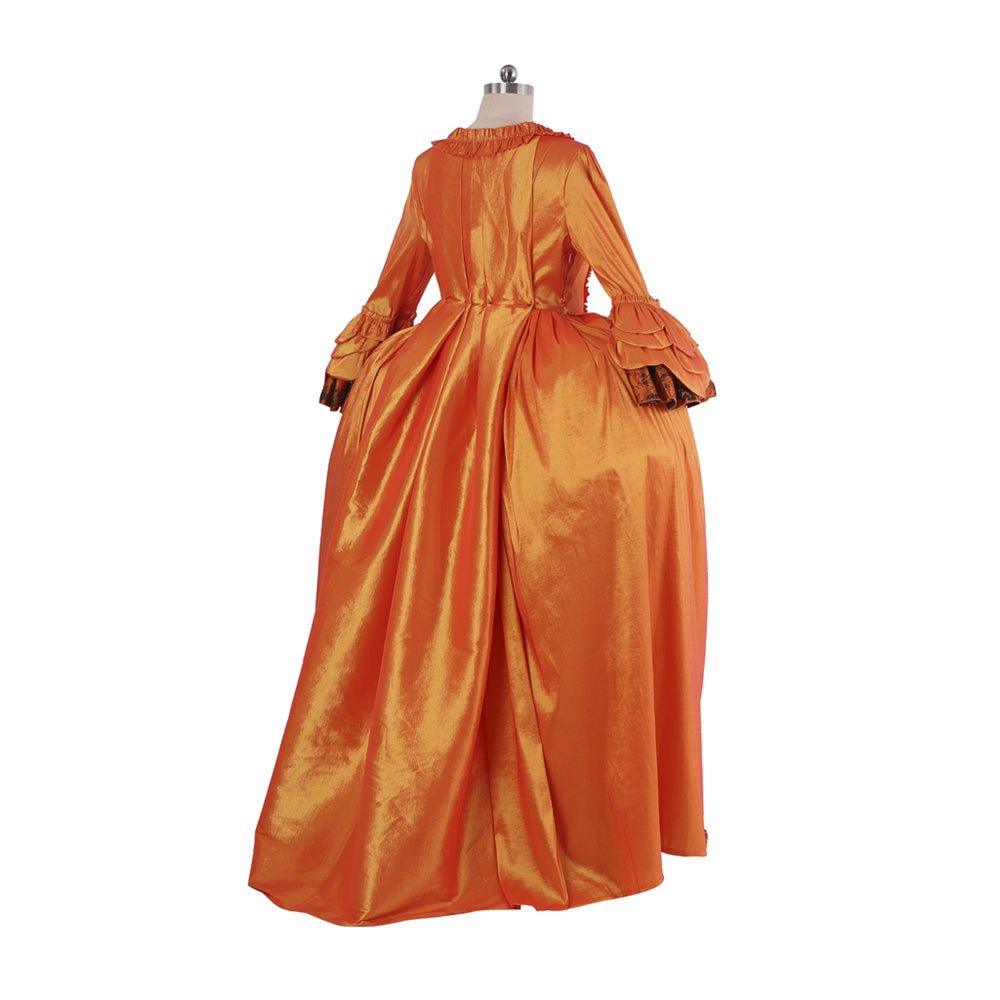 Rococo Orange Brocade Dress with Floral Chest Band - A Vivid Medieval Inspired Costume by Coscomos - Coscosmos