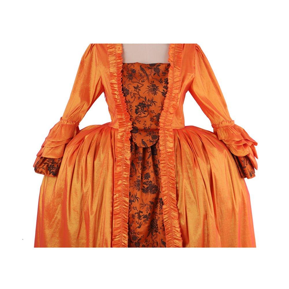 Rococo Orange Brocade Dress with Floral Chest Band - A Vivid Medieval Inspired Costume by Coscomos - Coscosmos