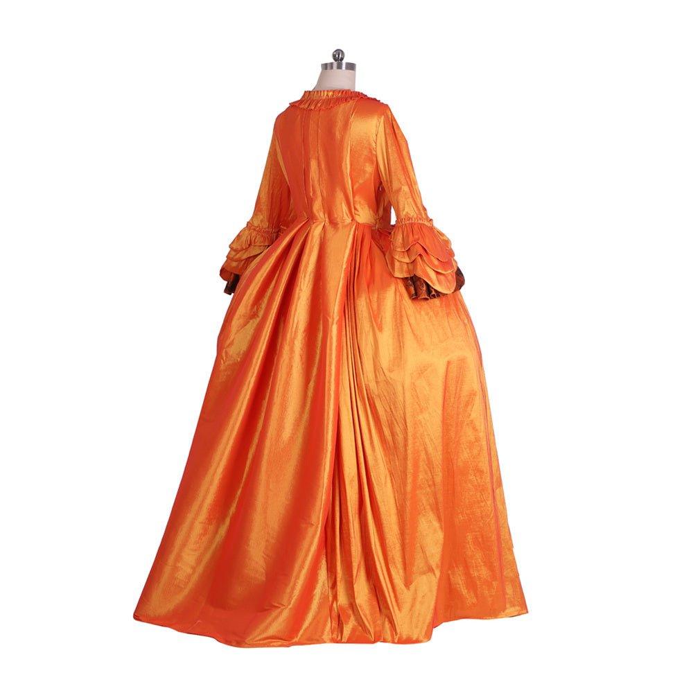 Rococo Orange Brocade Dress with Floral Chest Band - A Vivid Medieval Inspired Costume by Coscomos - Coscosmos