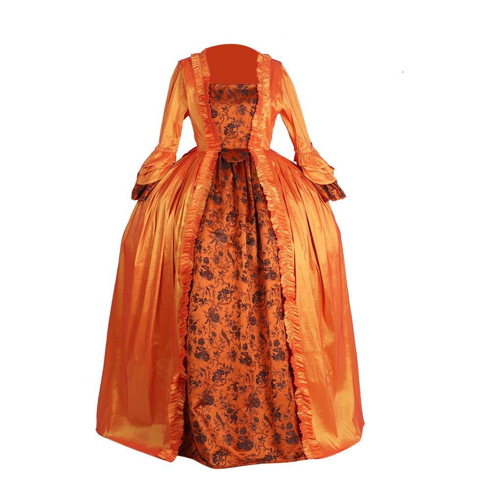 Rococo Orange Brocade Dress with Floral Chest Band - A Vivid Medieval Inspired Costume by Coscomos - Coscosmos