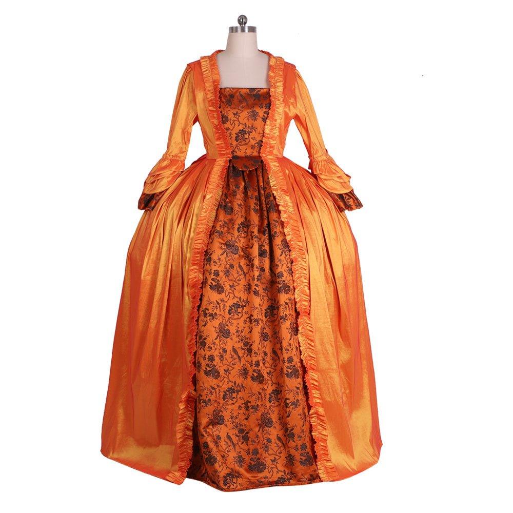 Rococo Orange Brocade Dress with Floral Chest Band - A Vivid Medieval Inspired Costume by Coscomos - Coscosmos