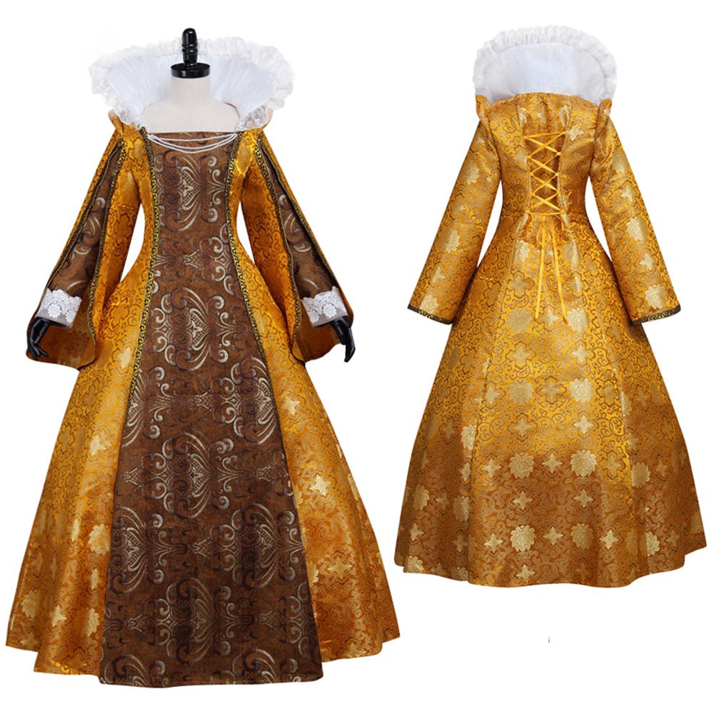 Stand Collar Queen Elizabeth Cosplay Costume | Medieval Gold Ball Gown Dress for Tudor - Themed - Coscosmos