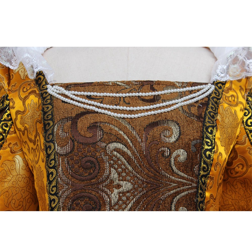 Stand Collar Queen Elizabeth Cosplay Costume | Medieval Gold Ball Gown Dress for Tudor - Themed - Coscosmos