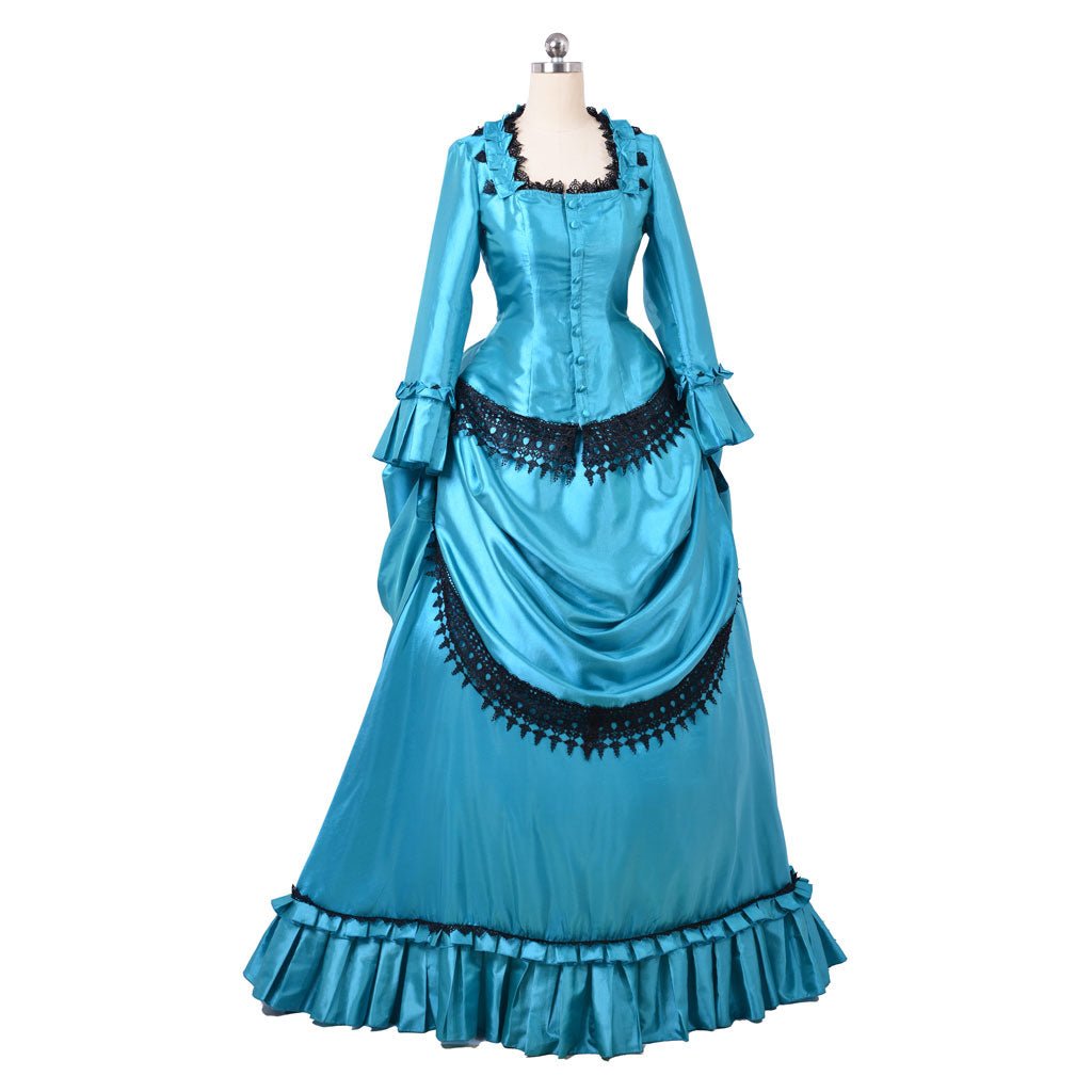 Victorian 1860s Blue Bustle Ball Gown | British Aristocratic Walking Dress | Duchess Style Long Dress - Coscosmos