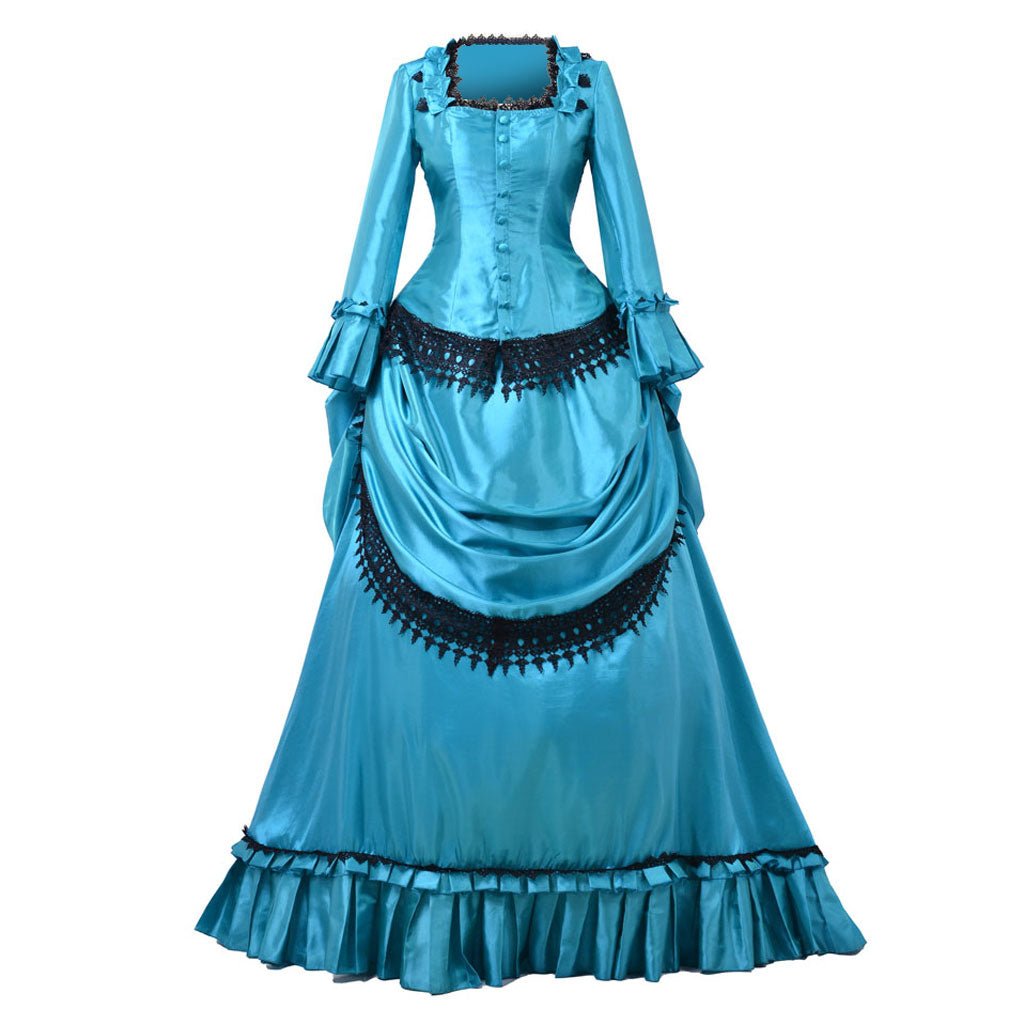 Victorian 1860s Blue Bustle Ball Gown | British Aristocratic Walking Dress | Duchess Style Long Dress - Coscosmos