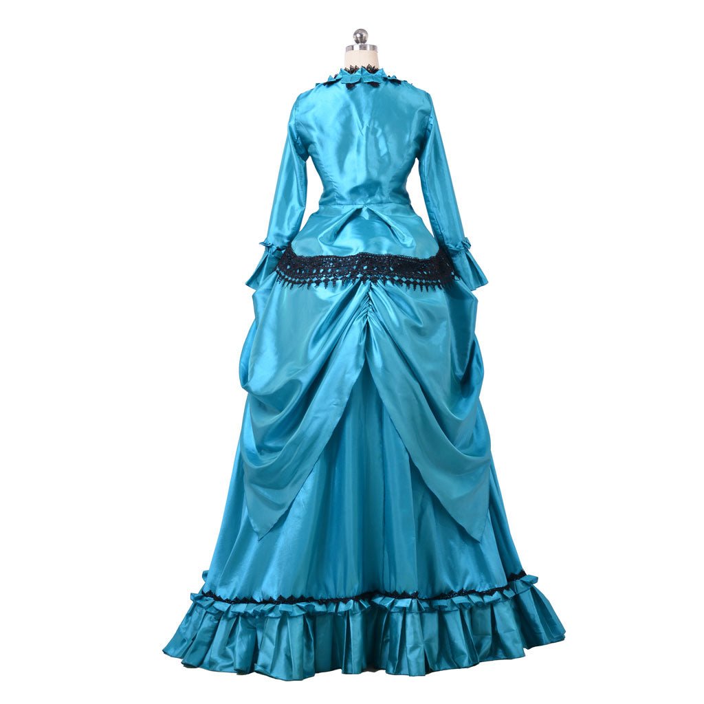 Victorian 1860s Blue Bustle Ball Gown | British Aristocratic Walking Dress | Duchess Style Long Dress - Coscosmos