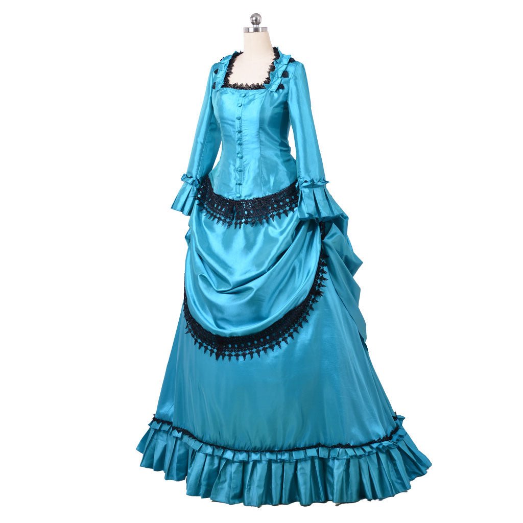 Victorian 1860s Blue Bustle Ball Gown | British Aristocratic Walking Dress | Duchess Style Long Dress - Coscosmos