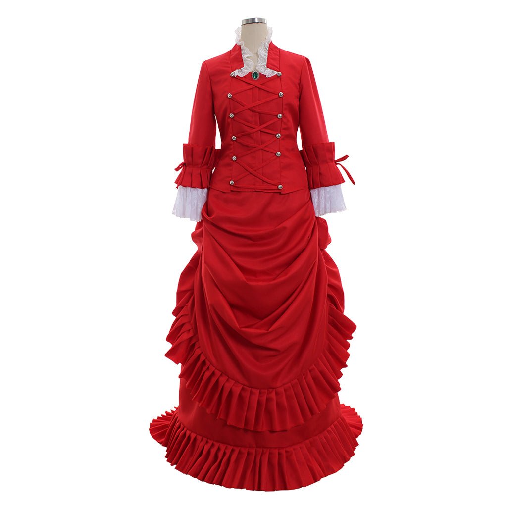 Victorian Red Bustle Ball Dress | 1860s Duchess Strap Gown for Historical Events - Coscosmos