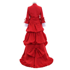 Victorian Red Bustle Ball Dress | 1860s Duchess Strap Gown for Historical Events - Coscosmos